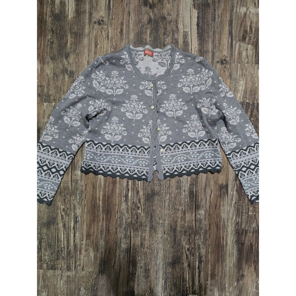 OLEANA Gray Floral Silk Merino Wool Knit Button Cardigan Sweater Size M